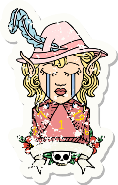 Retro Dövme Tarzı Ağlayan Elf Ozan Karakteri Bir insan tarafından çizilmiş doğal D20 rulo