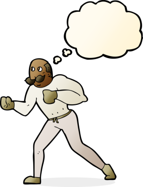 Bir insan tarafından çizilmiş düşünce balonlu retro boksör.