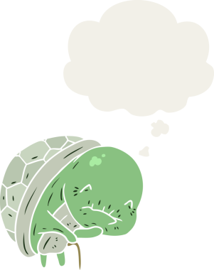 Düşünce baloncuğu olan, insan tarafından çizilmiş sevimli, yaşlı bir kaplumbağa.