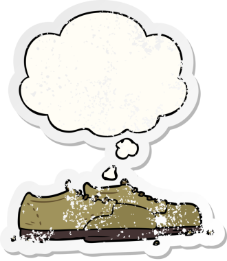 Düşünce baloncuklu çizgi film ayakkabıları bir insan tarafından çizilmiş yıpranmış bir çıkartma gibi.