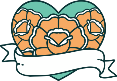 İkonik dövme stili bir kalp ve bir insan tarafından çizilmiş çiçekli pankart.