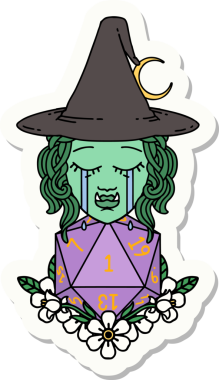 Ağlayan yarı ork bir cadının çıkartması. Bir insan tarafından çizilmiş doğal bir D20 zarlı.