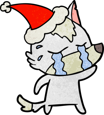 Ağlayan bir kurdun insan tarafından çizilmiş Noel Baba şapkası taktığı el çizimi bir çizgi film.