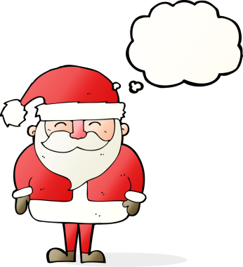 Bir insan tarafından çizilmiş düşünce baloncuklu Noel Baba çizgi filmi.