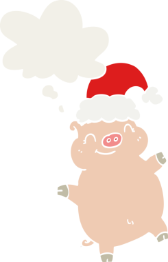 Çizgi film mutlu noel domuzu. Düşünce baloncuğu insan tarafından çizilmiş.