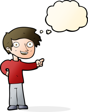 Bir insan tarafından çizilen düşünce baloncuğuyla işaret eden çizgi film adamı.