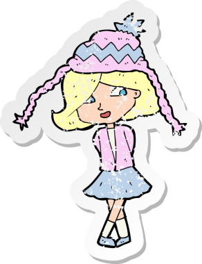 Bir insanın çizdiği şapkayı takan mutlu bir kız çizgi filminin kederli retro çıkartması.