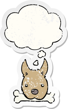 Düşünce baloncuğu olan kemikli çizgi film köpeği insan tarafından çizilmiş yıpranmış bir çıkartma gibi.