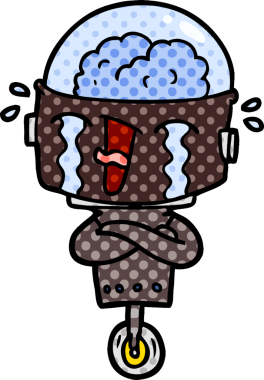 Bir insan tarafından çizilmiş ağlayan robot çizgi film.