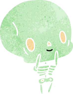 Eski çizgi film illüstrasyonu kawaii sevimli bir insan tarafından çizilmiş ölü iskelet