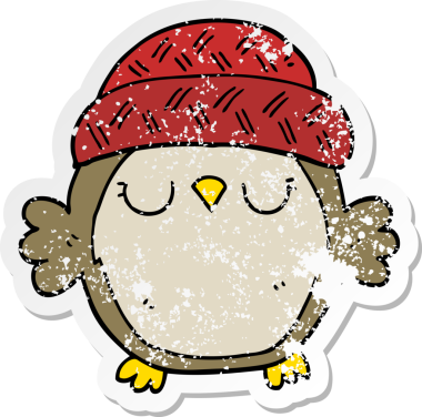 Bir insan tarafından çizilmiş şapkalı şirin bir baykuşun sıkıntılı çıkartması.