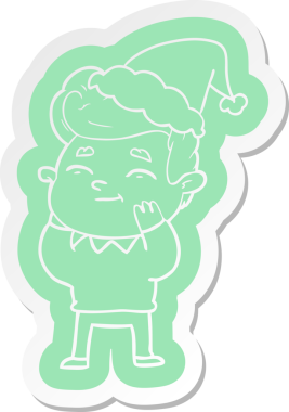 Bir insan tarafından çizilmiş Noel Baba şapkası giyen bir adamın komik çizgi film çıkartması.