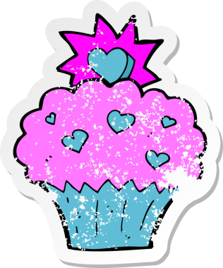 Bir insan tarafından çizilmiş aşk keki karikatürünün kederli retro yapıştırması.