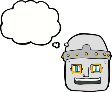 Bir insan tarafından çizilmiş düşünce baloncuklu robot kafası.