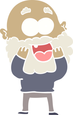 Düz renkli çizgi film. Bir insan tarafından çizilmiş sakallı çılgın mutlu adam.