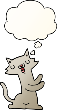 Bir insan tarafından çizilmiş yumuşak eğimli düşünce baloncuklu çizgi film kedisi.