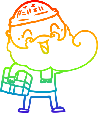 Gökkuşağı gradyan çizgisi mutlu sakallı bir adamın bir insan tarafından çizilmiş Noel hediyesini taşıyor.