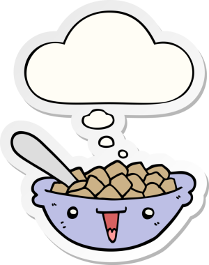 Düşünce baloncuklu tatlı mısır gevreği kasesi bir insan tarafından çizilmiş çıkartma gibi.