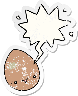 Konuşma baloncuğu olan karikatür yumurtası bir insan tarafından çizilmiş sıkıntılı eski bir çıkartma