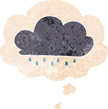 Düşünce baloncuklu karikatür yağmur bulutu grunge sıkıntılı retro dokuma tarzı bir insan tarafından çizilmiş