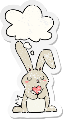 Düşünce baloncuğuna aşık çizgi film tavşanı insan tarafından çizilmiş yıpranmış bir çıkartma gibi.