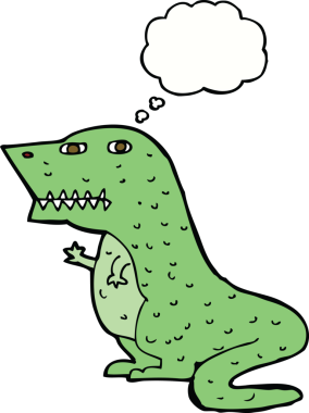 Bir insan tarafından çizilmiş düşünce baloncuklu bir dinozor.