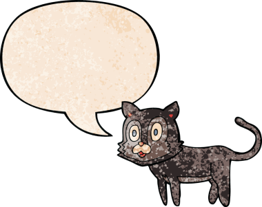 Bir insan tarafından çizilmiş eski moda konuşma baloncuklu mutlu çizgi film kedisi.