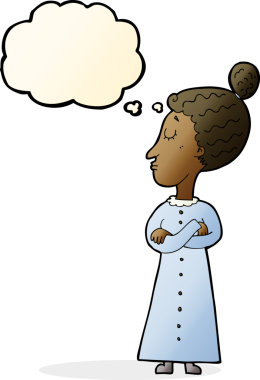 Bir insan tarafından çizilmiş düşünce baloncuğu olan katı Viktorya dönemi öğretmeni.