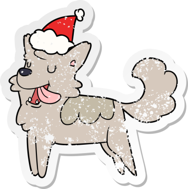 Bir insan tarafından çizilmiş Noel Baba şapkası takan mutlu bir köpeğin el yazısı.