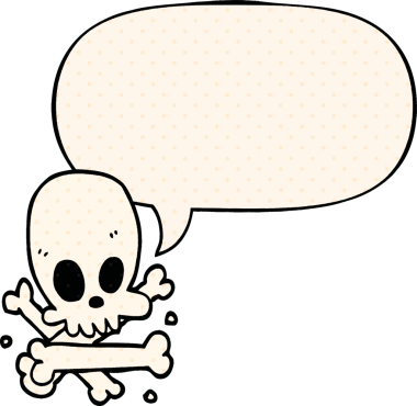 Bir insan tarafından çizilmiş, çizgi roman tarzında konuşma baloncuğu olan kafatası ve kemikler.