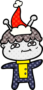 Bir insan tarafından çizilmiş Noel Baba şapkası giyen bir uzay adamının çizgi roman çizimi.