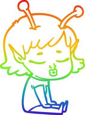 Gökkuşağı gradyan çizgisi. Bir insan tarafından çizilmiş şirin bir uzaylı kız çizgi filmi.