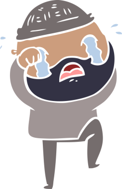 Düz renkli karikatür sakallı adam ağlıyor ve bir insan tarafından çizilmiş.