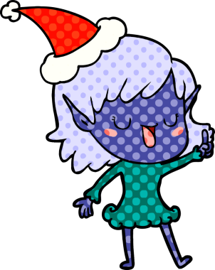 Bir insan tarafından çizilmiş Noel Baba şapkası giyen bir elf kızının el çizimi çizgi roman çizimi.