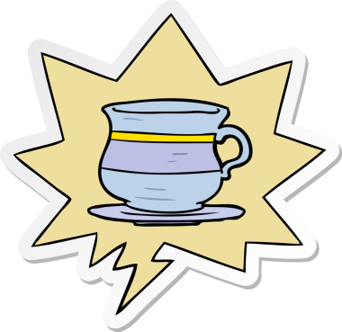 Bir insan tarafından çizilmiş baloncuk çıkartmalı eski bir çay fincanı.