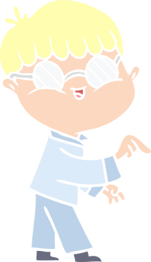 Bir insan tarafından çizilmiş gözlük takan düz renkli çizgi film çocuğu.