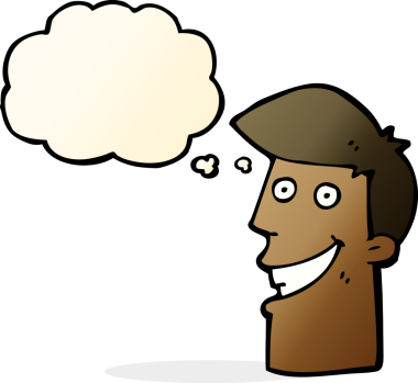 Bir insan tarafından çizilmiş düşünce baloncuğu ile sırıtan çizgi film adamı.