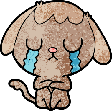 Bir insan tarafından çizilmiş şirin bir çizgi film köpeği ağlıyor.