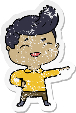 Bir insan tarafından çizilmiş, gülen ve işaret edilen bir çizgi film karakterinin sıkıntılı çıkartması.