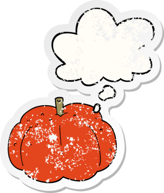 Düşünce baloncuğu olan karikatür balkabağı insan tarafından çizilmiş yıpranmış bir çıkartma.