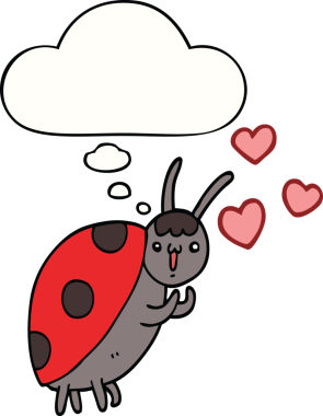 Bir insan tarafından çizilmiş düşünce baloncuğuna aşık tatlı bir uğur böceği.