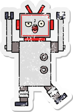 Bir insan tarafından çizilmiş kızgın bir robot çizgi film çıkartması.