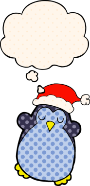 Bir insan tarafından çizilmiş çizgi roman tarzında düşünce baloncuğu olan şirin bir Noel pengueni.