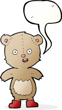 Çizmeli mutlu oyuncak ayı ve bir insan tarafından çizilmiş konuşma balonu.