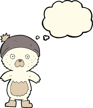 Bir insan tarafından çizilmiş düşünce baloncuklu şirin oyuncak ayı.