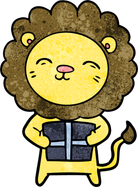 Bir insan tarafından çizilmiş noel hediyeli çizgi film aslanı.