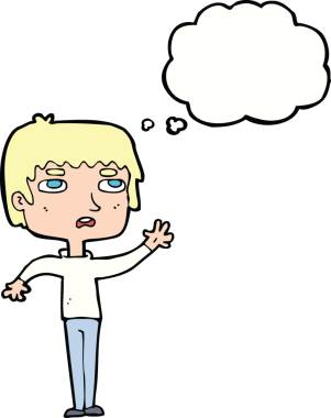 Bir insan tarafından çizilmiş düşünce baloncuğuyla el sallayan mutsuz bir çocuk.