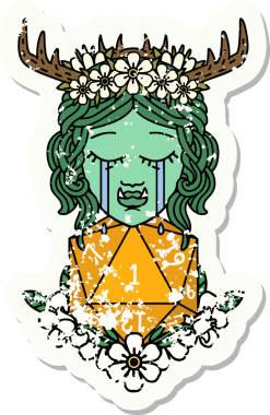 Hüzünlü bir yarı ork Druid karakterinin grunge çıkartması. Bir zar bir insan tarafından çizilmiş.