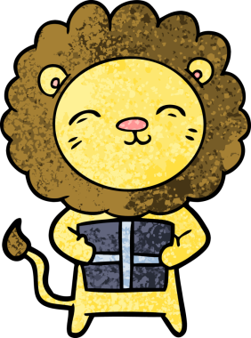 Bir insan tarafından çizilmiş noel hediyeli çizgi film aslanı.