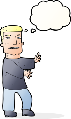 Bir insan tarafından çizilmiş düşünce balonuyla hareket eden bir karikatür adamı.